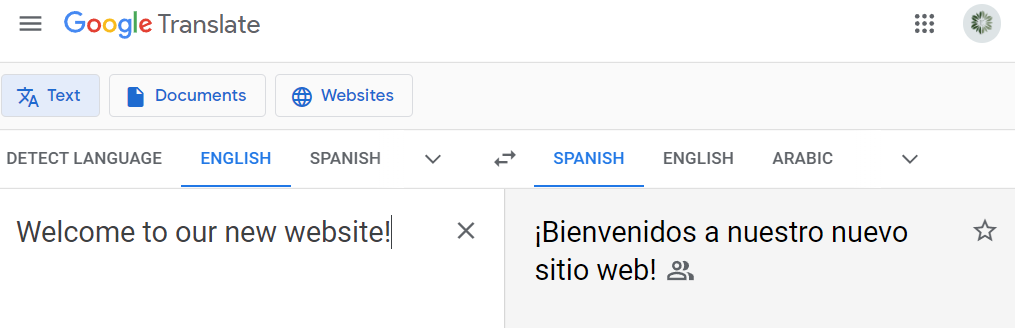 Image: a screenshot of the Google Translate website, with some English text translated to Spanish.
